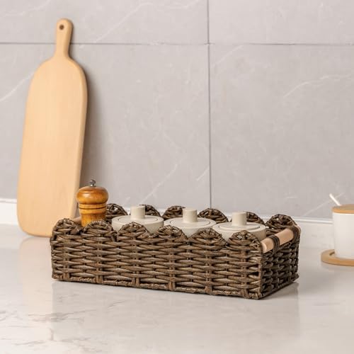 CubesLand PP Wicker Scalloped Edge Floating Shelf Basket Toilet Paper Basket Decorative Storage Container Brown
