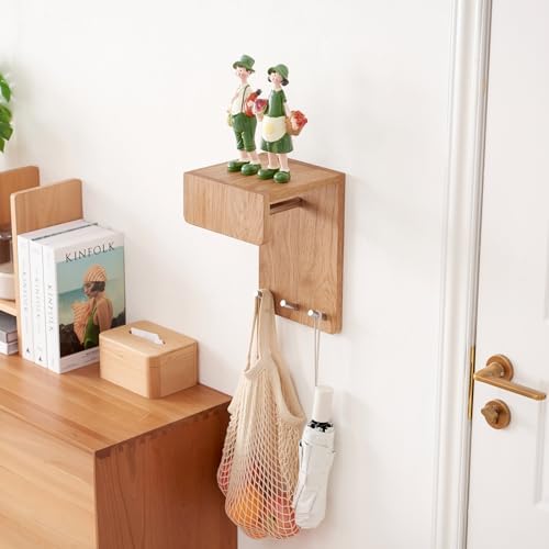 Oak Wood Wall Mounted Coat Rack with 3 Hooks and Floating Shelf