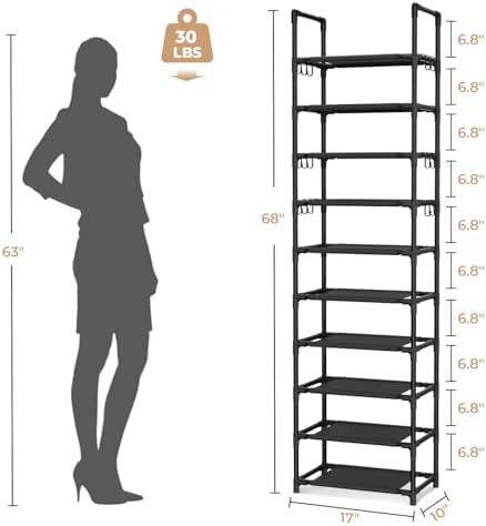 VTRIN 10 Tier Tall Shoe Rack with 18 Hooks