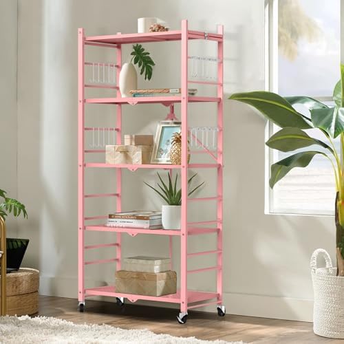5-Tier Metal Storage Shelves with 20 Hooks and Wheels