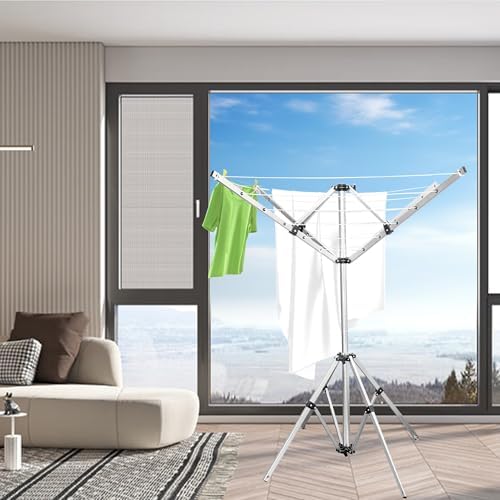 4-arm Telescopic Aluminum Drying Rack with 28 Ropes and Windproof Rotating Design