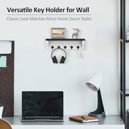 Nekon Wall Key Holder with Floating Shelf and 5 Hooks Black
