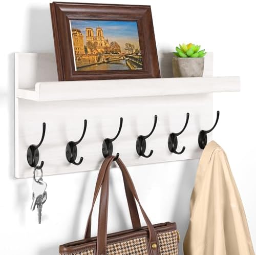 White Wall Mount Coat Rack with 6 Double Hooks and Shelf