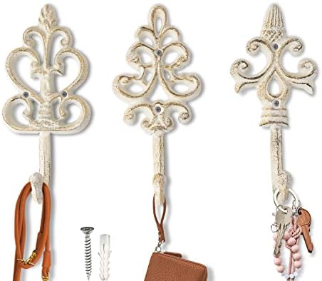 Shabby Chic Wall Hooks Set of 3 Cast Iron White