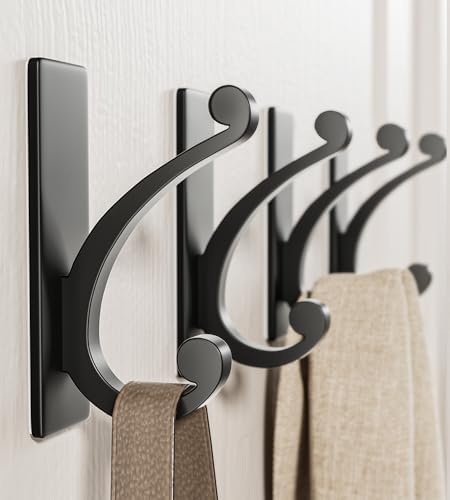 Adhesive Wall Hook for Towel Coat - 10LB Matt Black 4-Pack