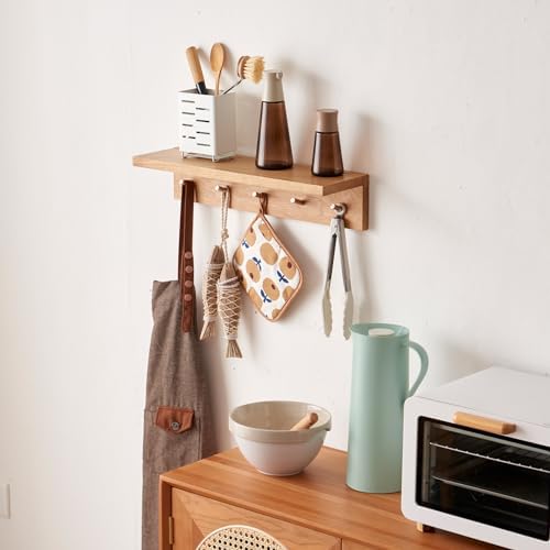 Oak Wood Wall Shelf with 5 Hooks Coat Rack