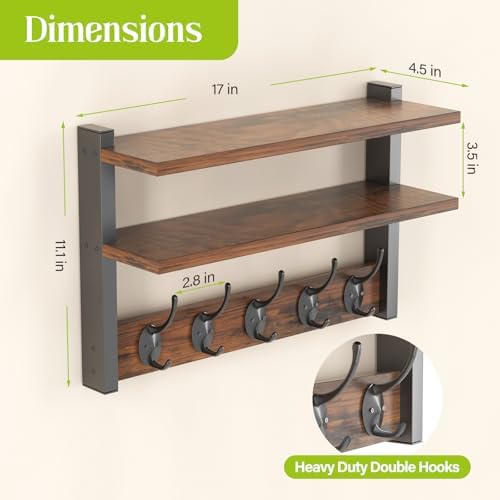 Two-Tier Wall Shelf with Five Hooks Rustic Brown