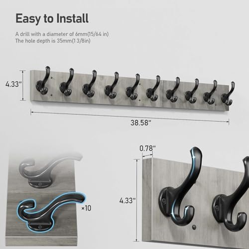 Tatub 386 Inch Farmhouse Coat Rack with 10 Hooks