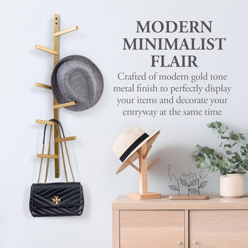 MyGift 8 Hook Vintage Gold Tone Metal Wall Mounted Hat and Coat Hanger Tree