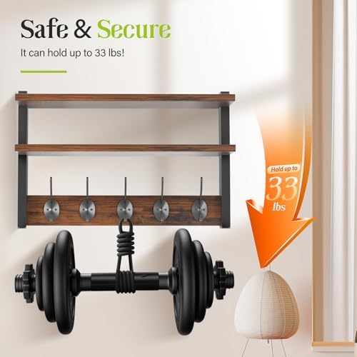 Two-Tier Wall Shelf with Five Hooks Rustic Brown