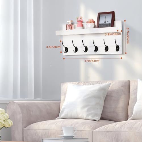 White Wall Mount Coat Rack with 6 Double Hooks and Shelf