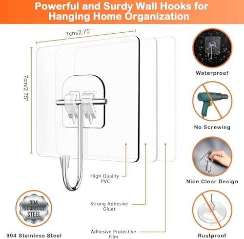 10 Pack Ultra Strong 60 lb Transparent Self-Adhesive Wall Hooks