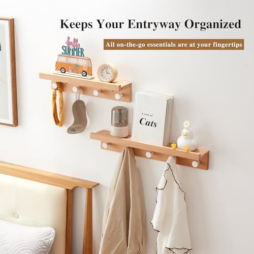 Beech Wood Wall Hooks with Shelf 19 Inch