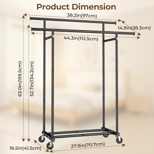 Double Rods Clothes Rack with Rolling Wheels