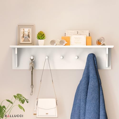 Ballucci Floating Coat and Hat Wall Shelf Rack 5 Pegs 24 White