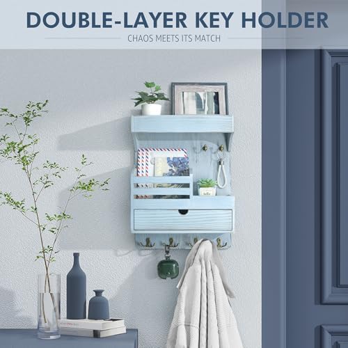 Rebee Vision Farmhouse Key Holder Wall Mount with Drawer Organizer - Blue