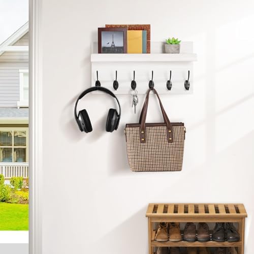 White Wall Mount Coat Rack with 6 Double Hooks and Shelf