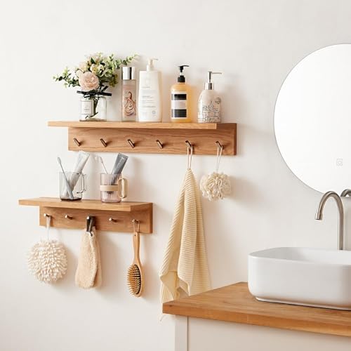 Oak Wood Coat Rack Wall Mount With Shelf 5 Hooks