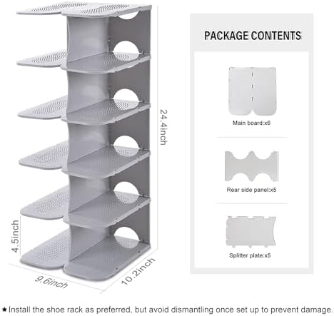 ACPOP 6-Tier Free Standing Shoe Rack Adjustable Vertical Narrow Stackable Organizer for Small Spaces and Entryway Grey
