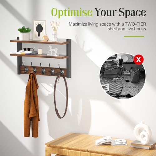 Two-Tier Wall Shelf with Five Hooks Rustic Brown
