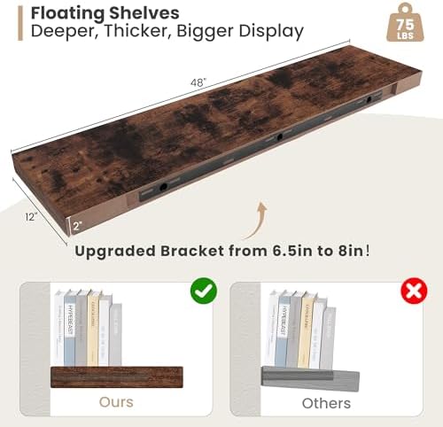 12 Inch Deep Floating Shelves Set of 2 Rustic Brown