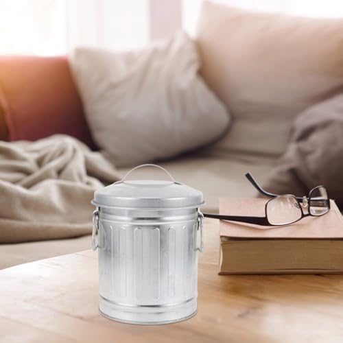 Cabilock Vintage Ash Bucket with Lid Galvanized Metal Flowerpot Organizer Mini Desktop Trash Bin