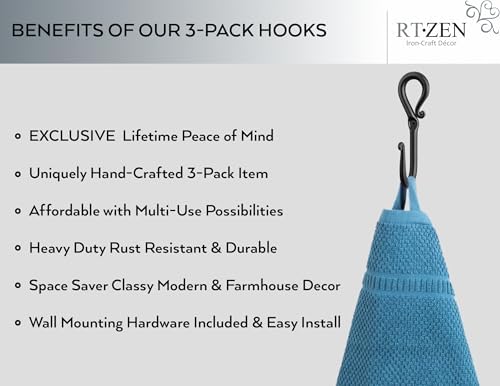 RTZEN Wall Mount Hook Set - 3 Pack Wrought Iron Hooks 1