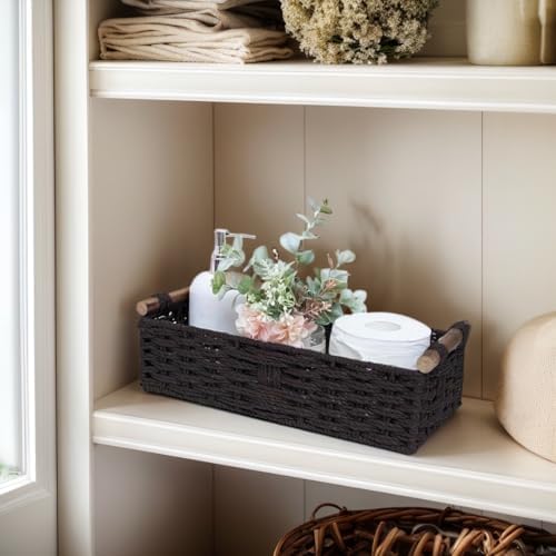 Black Paper Rope Storage Basket with Wooden Handle 1PC