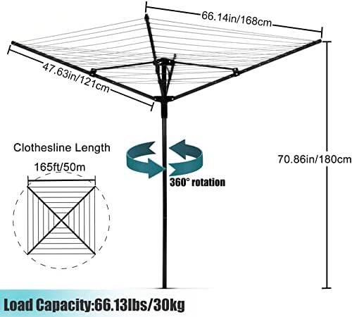 MYOYAY 4 Arm Rotating Clothesline with 165ft Rope