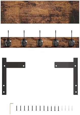 Wall Hooks with Shelf Wood Coat Rack with 5 Metal Hooks