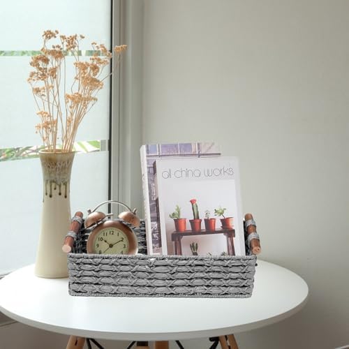 Handmade Wicker Storage Basket with Handle - Light Grey