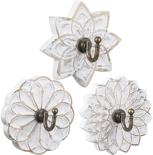 Weysat 3 Pcs Decorative Wood Farmhouse Coat Hooks White Vintage Wall Hooks with Screws for Key Towel