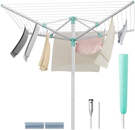SONGMICS Retractable Clothesline Drying Rack 164 ft 5 Loads Height Adjustable Garden Use Silver Green