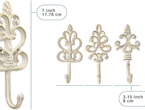 Shabby Chic Wall Hooks Set of 3 Cast Iron White