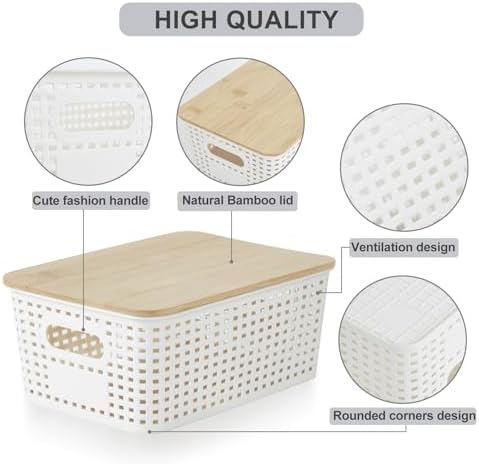 Small Plastic Storage Bins with Bamboo Lids 52Qt Stackable Organizers