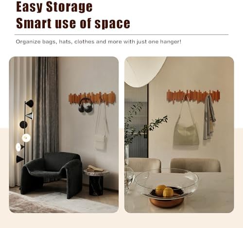 Wooden Coat Rack with 7 Flip-Down Hooks for Coats Hats and Bags