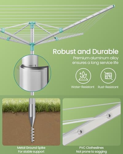 SONGMICS Retractable Clothesline Drying Rack 164 ft 5 Loads Height Adjustable Garden Use Silver Green