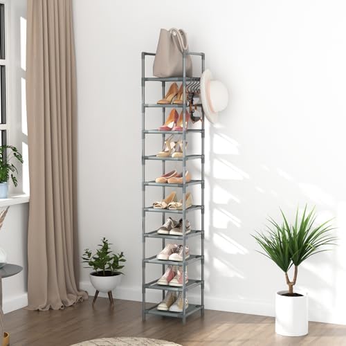 LANTEFUL 10-Tier Narrow Shoe Rack for 10-15 Pairs Space Saving Grey Organizer
