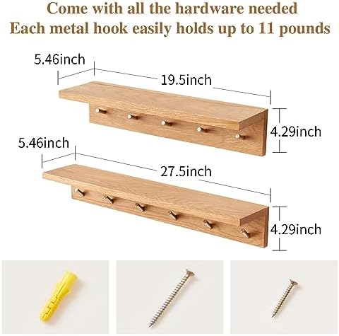 Oak Wood Coat Rack Wall Mount With Shelf 5 Hooks