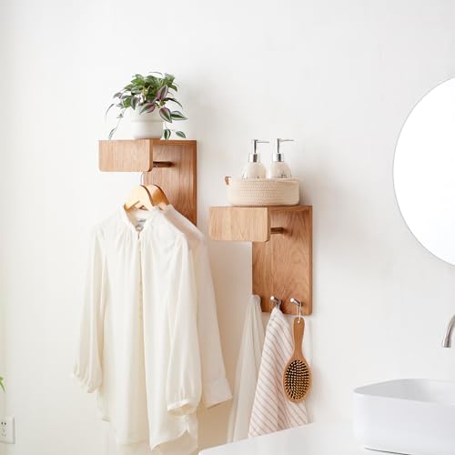 Oak Wood Wall Mounted Coat Rack with 3 Hooks and Floating Shelf