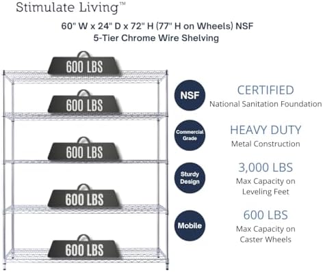 60x24x72 Chrome 5-Tier Heavy Duty Shelving with Wheels