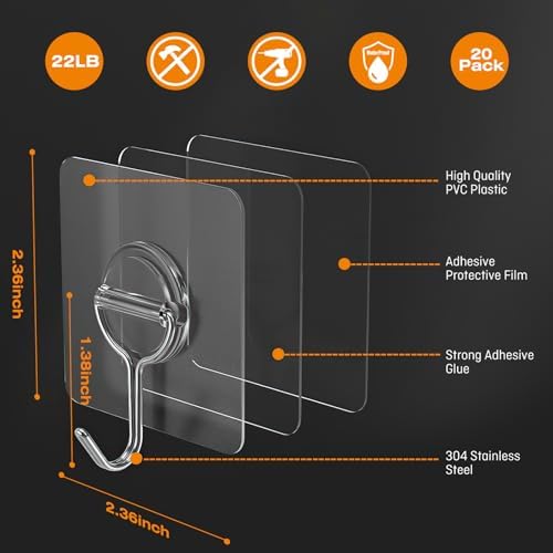 Heavy Duty 22lb Adhesive Wall Hooks - 20 Pack