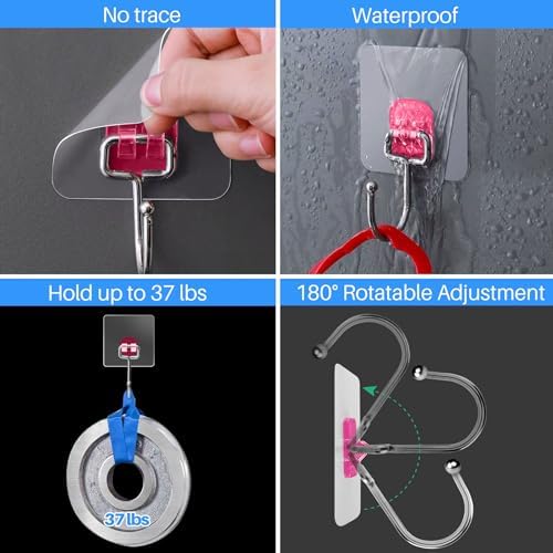 Antimbee 10-Pack Heavy Duty Adhesive Hooks 37 lb Max Transparent Pink