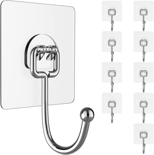 Heavy-Duty 44Lb Wall Hooks 10 Pack Clear Adhesive Removable