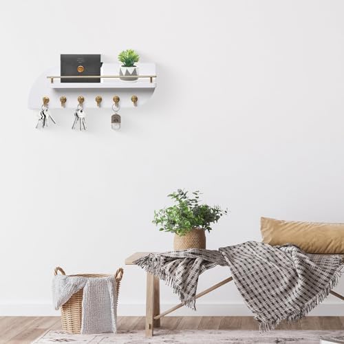 Karisky Key Holder for Wall Decorative Key and Mail Organizer with 6 Sturdy Metal Hooks and Floating Shelf