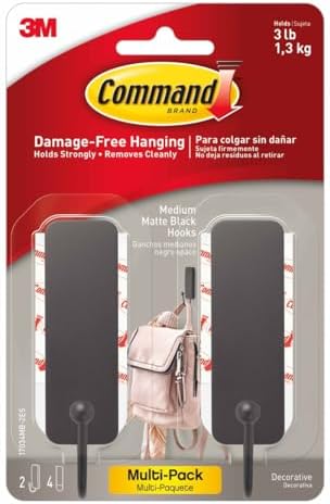 Command Medium Matte Black Wall Hooks 2 Hooks 4 Strips