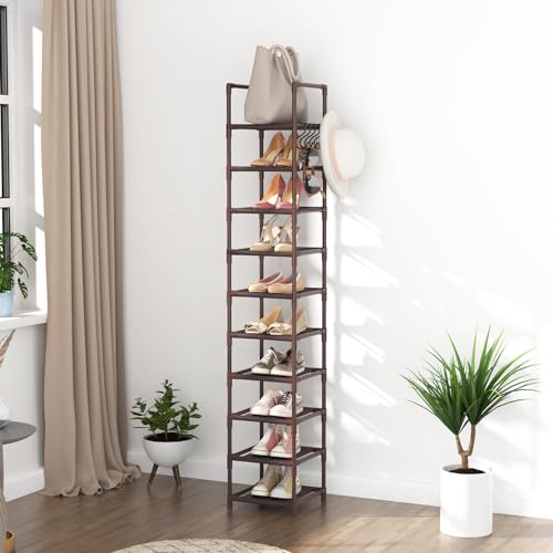LANTEFUL 10-Tier Tall Narrow Shoe Rack Storage Organizer for Closets Entryways Dorms Brown