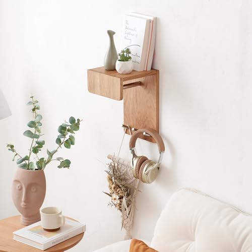 Oak Wood Wall Mounted Coat Rack with 3 Hooks and Floating Shelf