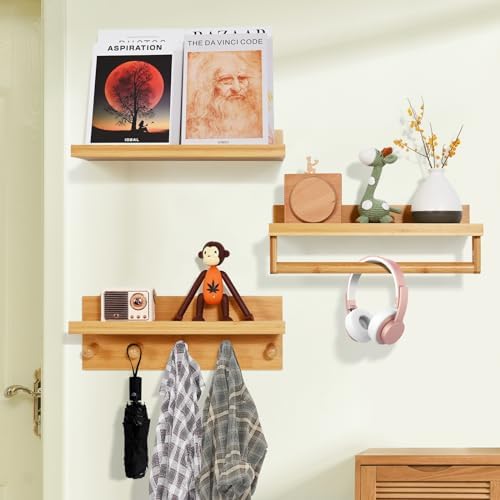 Ollieroo Set of Four Floating Bamboo Book Shelves for Kids Room Wall Mount Natural