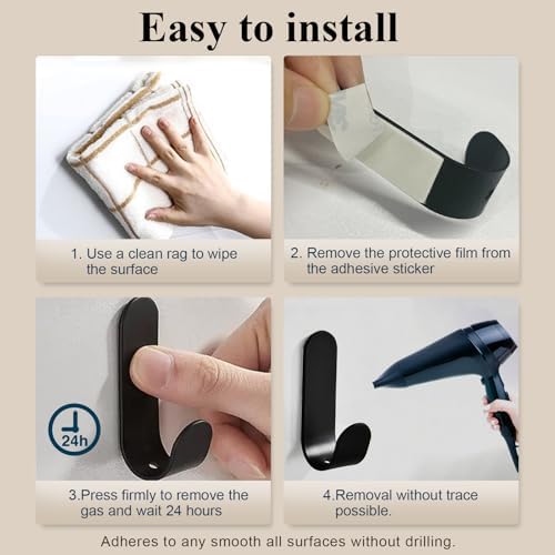 ATDOALL Adhesive Towel Hooks 20PCS Stainless Steel Wall Hooks Black